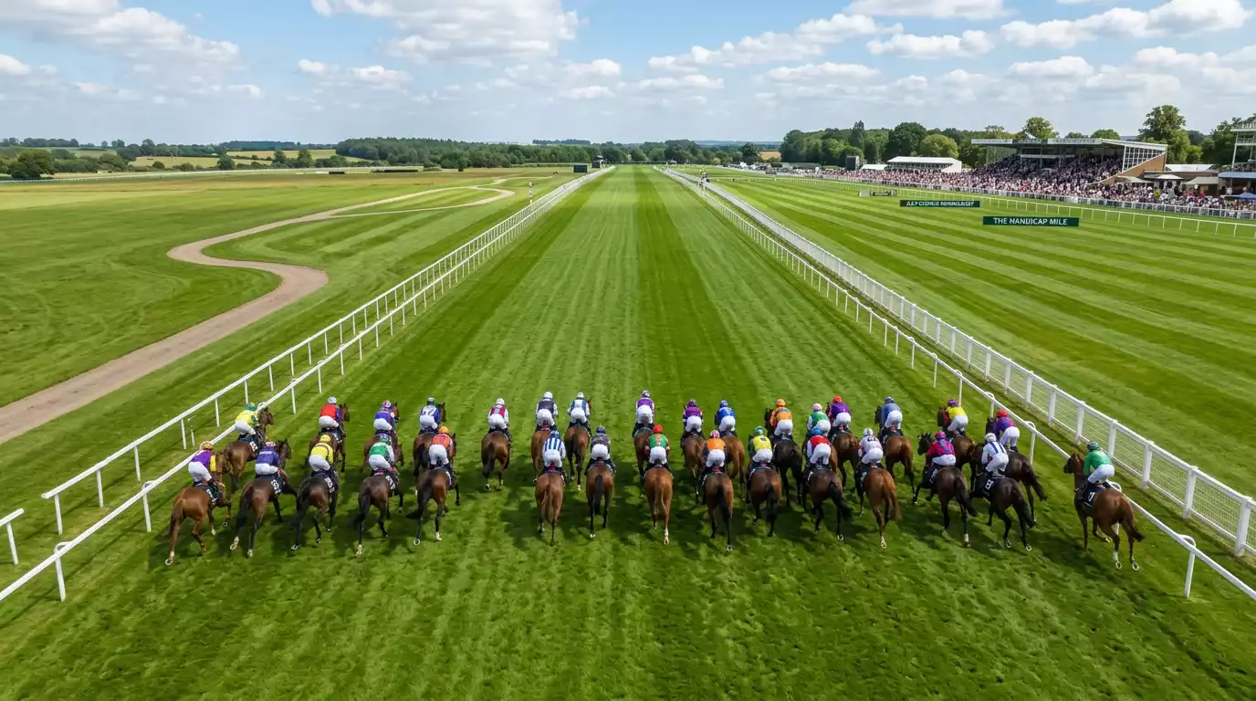 Panoramic view of a packed 20-runner handicap race stretching across a wide UK racecourse on a summer afternoon