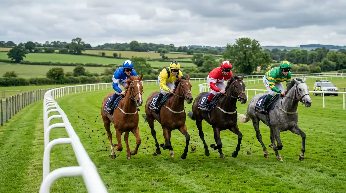 Thoroughbred racehorses in a tight group rounding the final bend on a UK turf course during a place bet qualifying race