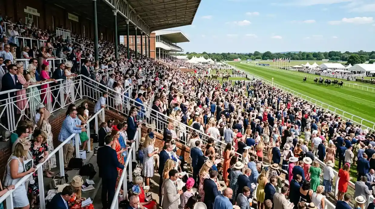 Busy UK racecourse grandstand filled with spectators watching a race on a clear day with the course and paddock visible